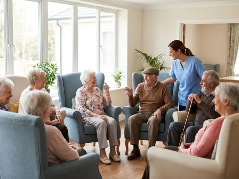 Older residents socialising at a care home