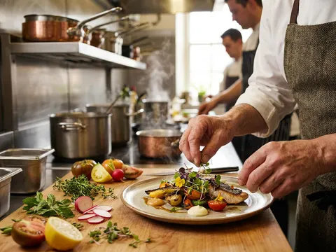 Chef plating a meal in a restaurant kitchen