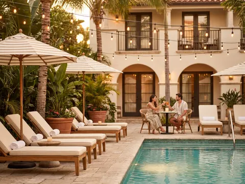 Guests enjoying a boutique hotel poolside terrace