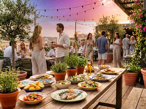 Guests dining and socialising at an outdoor restaurant terrace at sunset